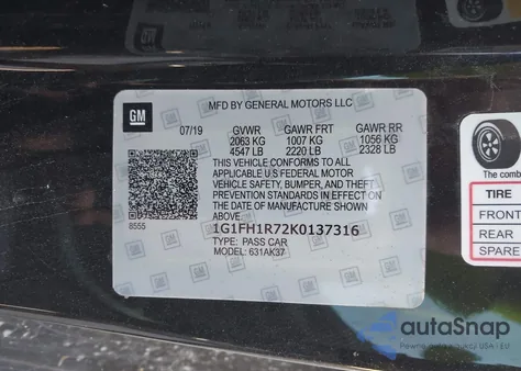 2019 Chevrolet Camaro 2Ss z USA, uszkodzony, nr VIN 1G1FH1R72K0137316